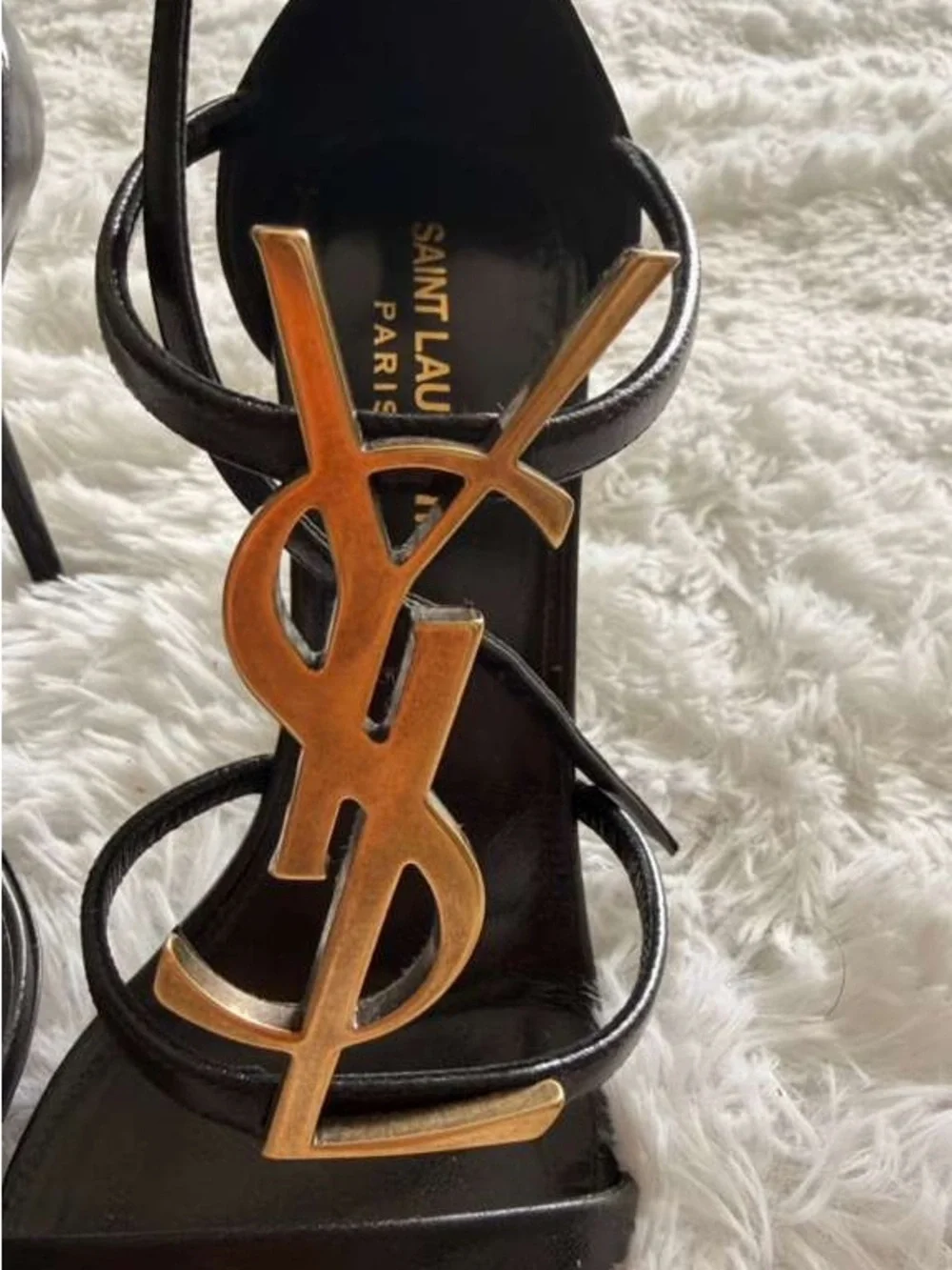 Saint Laurent Black Leather Sandals with Gold YSL Monogram - Picture 2 of 5